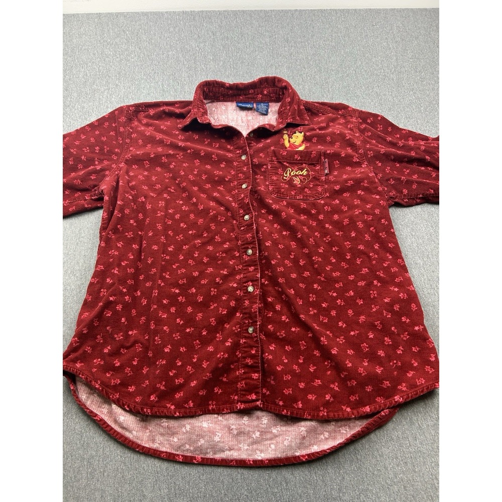Disney Winnie The Pooh Shirt Womens XL Red Corduroy Leaves Embroidered Pocket - Picture 3 of 12